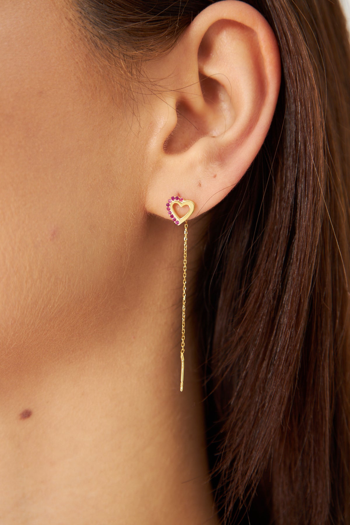 Gold Threader Heart Earring with Pink Gemstone Accents