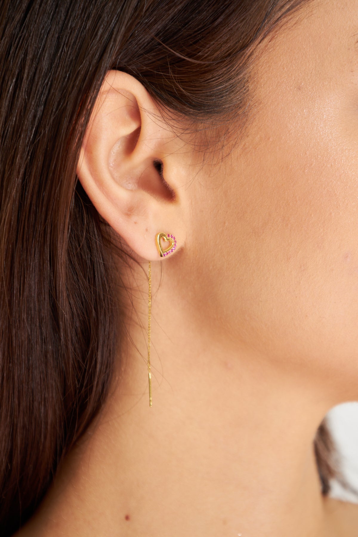 Gold Threader Heart Earring with Pink Gemstone Accents