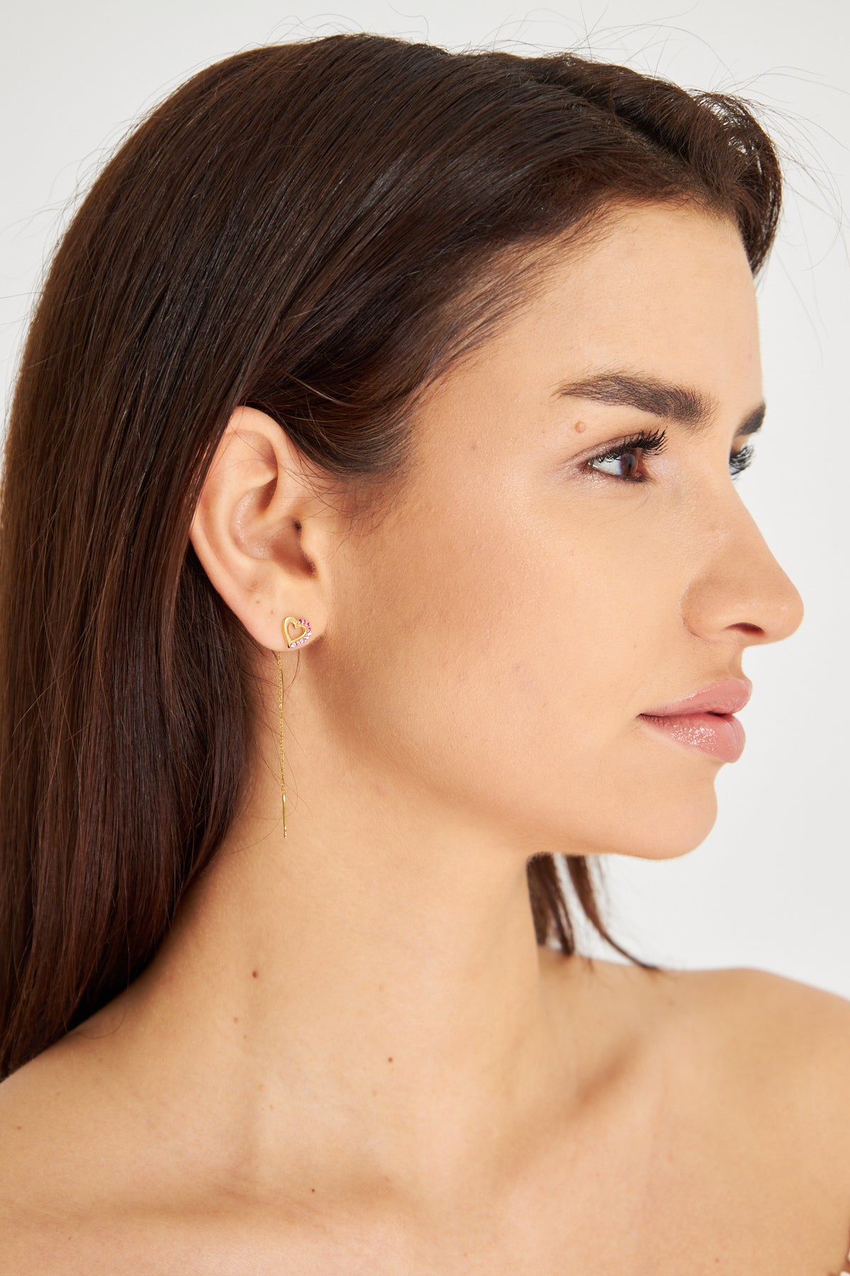 Gold Threader Heart Earring with Pink Gemstone Accents