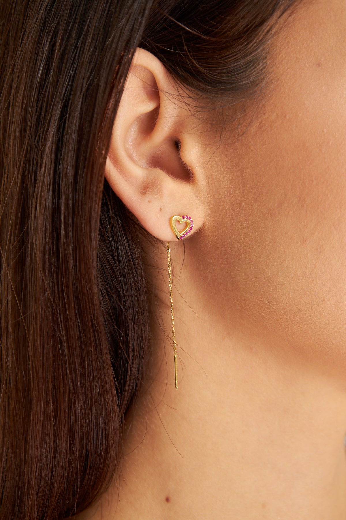 Gold Threader Heart Earring with Pink Gemstone Accents