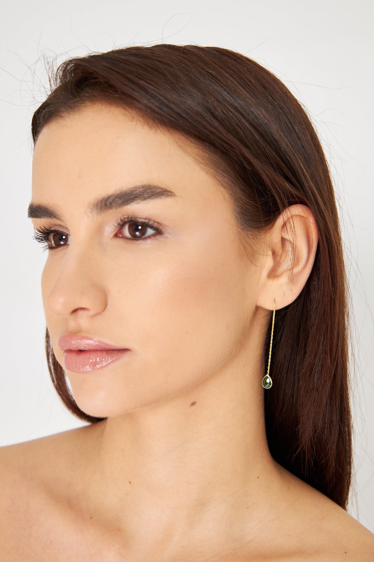 Elegant Gold Threader Earring with Green Gemstone Drop