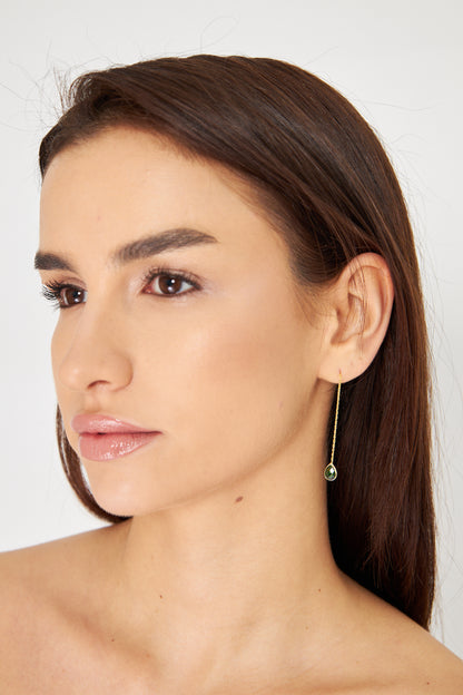 Elegant Gold Threader Earring with Green Gemstone Drop