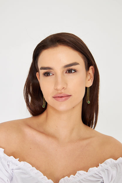 Elegant Gold Threader Earring with Green Gemstone Drop