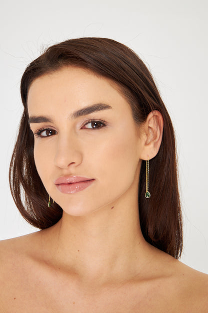 Elegant Gold Threader Earring with Green Gemstone Drop