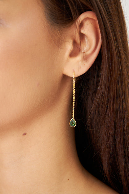 Elegant Gold Threader Earring with Green Gemstone Drop