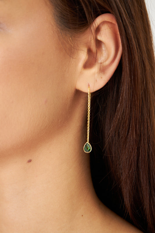 Elegant Gold Threader Earring with Green Gemstone Drop