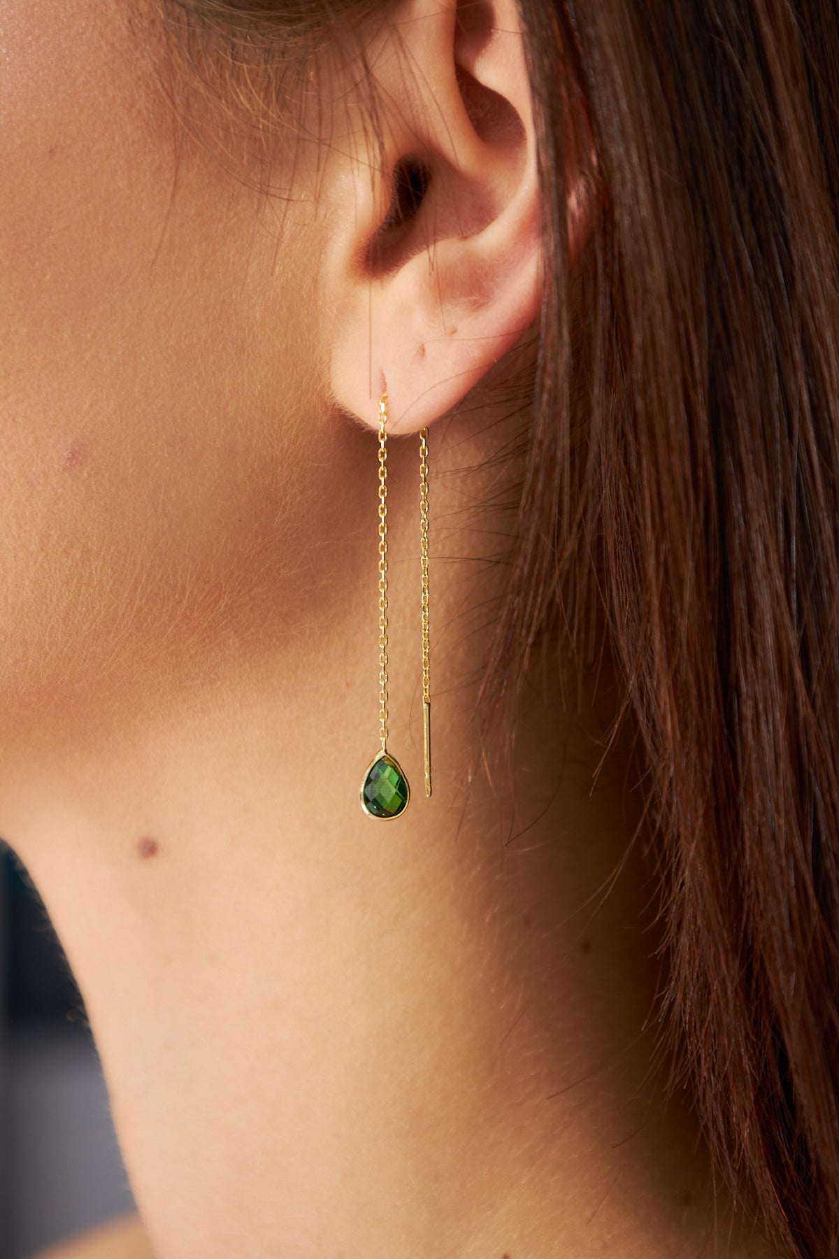 Elegant Gold Threader Earring with Green Gemstone Drop