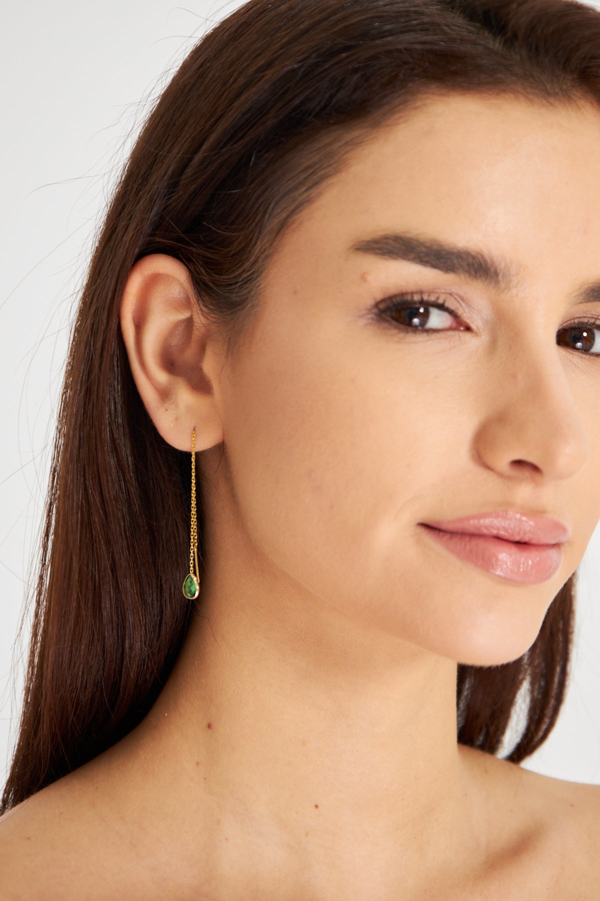 Elegant Gold Threader Earring with Green Gemstone Drop