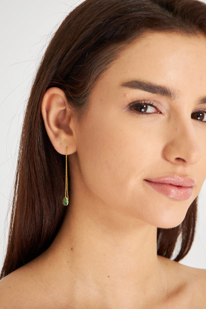 Elegant Gold Threader Earring with Green Gemstone Drop