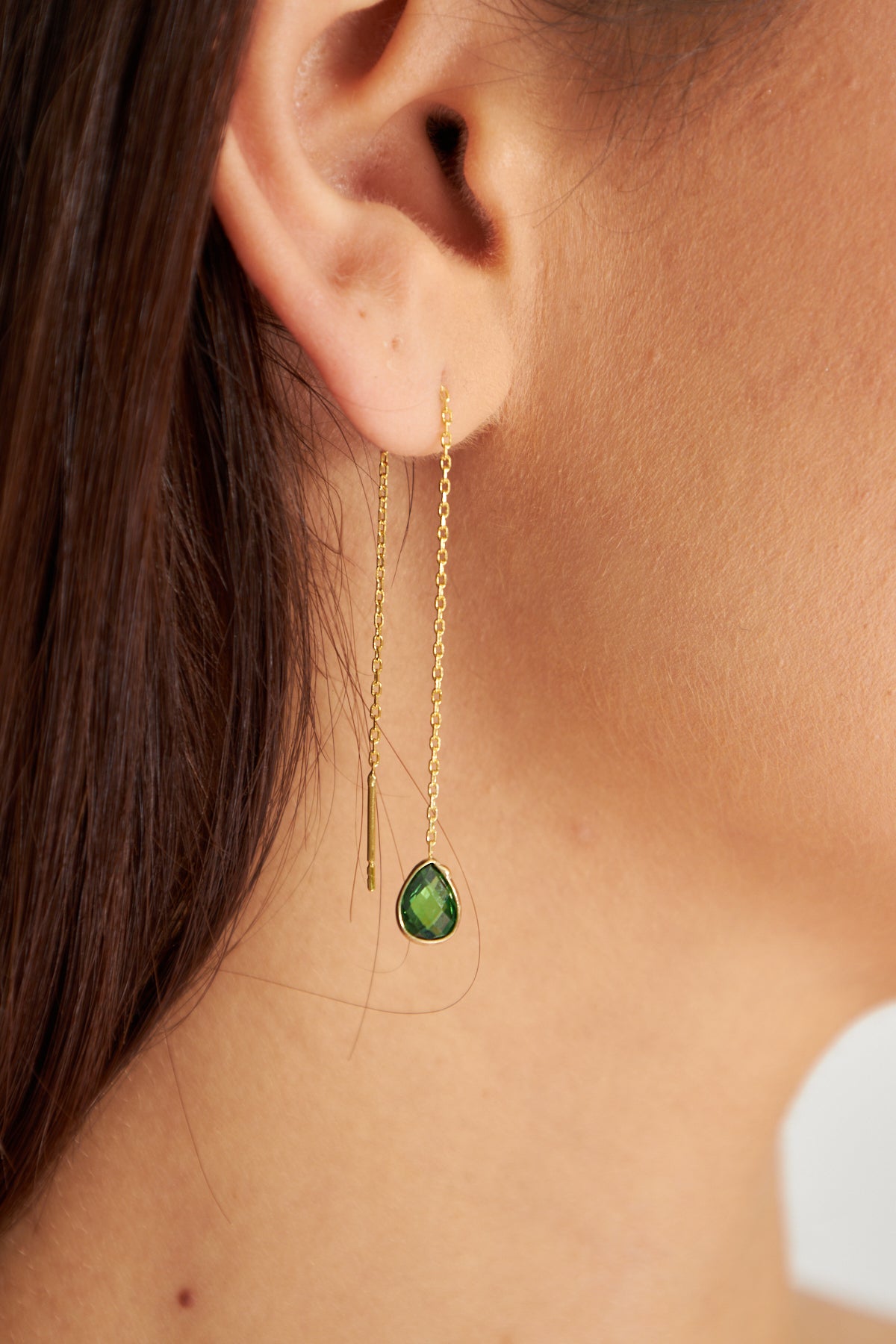 Elegant Gold Threader Earring with Green Gemstone Drop