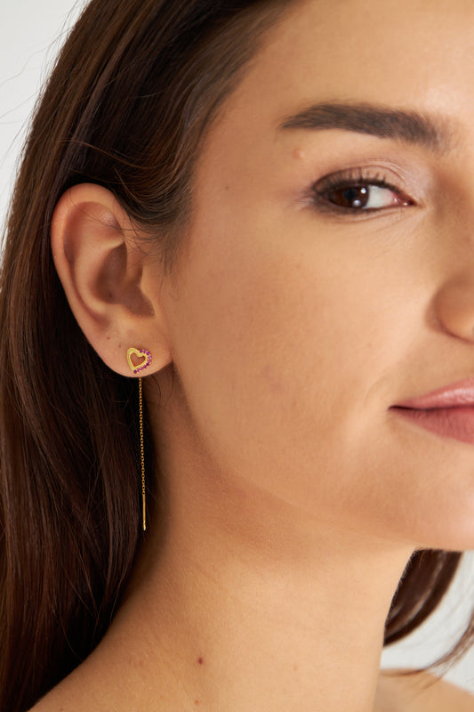 Gold Threader Heart Earring with Pink Gemstone Accents