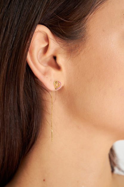 Gold Threader Heart Earring with Pink Gemstone Accents